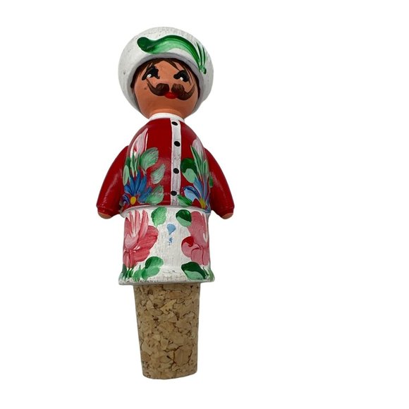 Wine Bottle Stopper Figural Man Wearing Hat w/ Floral Design Wood and Cork 4" - Picture 1 of 6